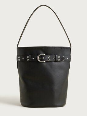 NWT J.Crew Berkeley Leather Belted Bucket Bag Tote in Studded Biker Black